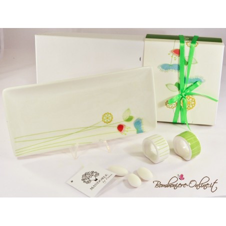 omboniera matrimonio set vassoio con portatovagliolo in ceramica con decorazione floreale verde