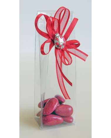 Box bomboniera in acetato trasparente con 11 confetti rossi e coccinella in argento