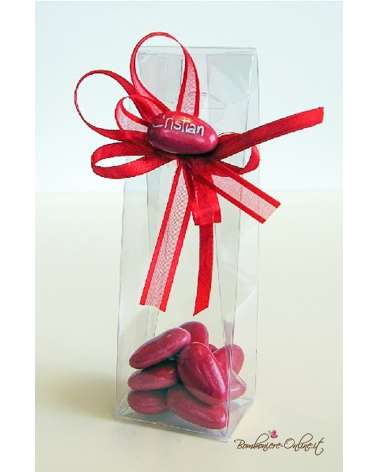 Box bomboniera in acetato trasparente con 11 confetti rossi e monoconfetto con nome