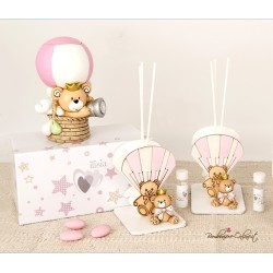 Bomboniera profumatore orsetto rosa in mongolfiera collezione "Child"mongolfiera con led collezione "Child"
