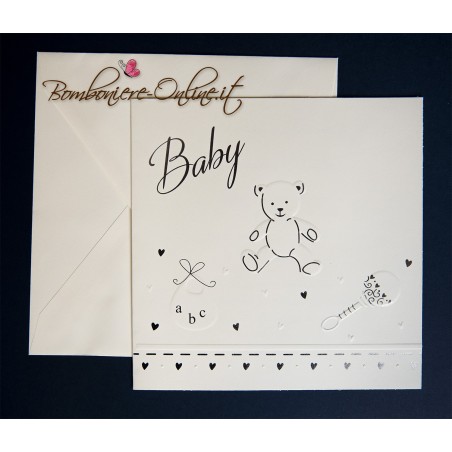 Biglietto battesimo o annuncio nascita Baby orsetto profili argento