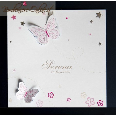 Invito battesimo o annuncio nascita farfallina rosa 3D