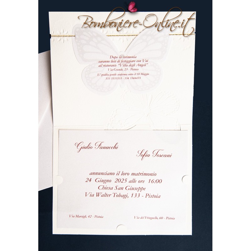 Partecipazione nozze farfalle e nastro dorato